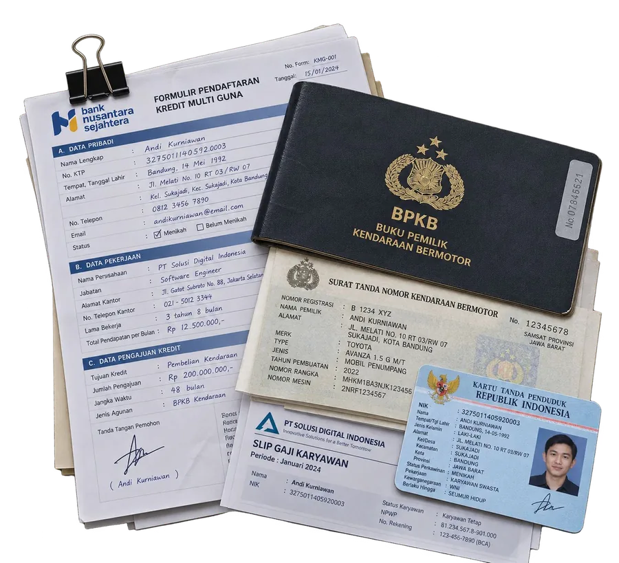 Stack of credit forms, vehicle titles, payslips and ID cards (illustration, fictional data)